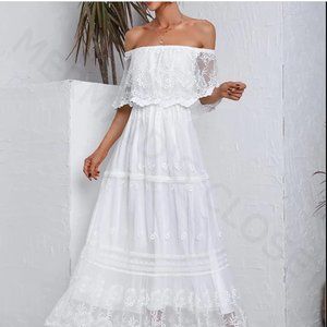 MERMAID'S CLOSET Womens Casual Off The Shoulder Maxi Brides Dress White Lace XL
